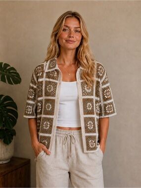 POL Crochet Square Motif Short Sleeve Cardigan in Beige and Cream